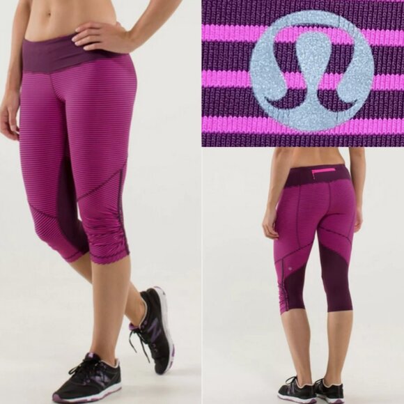 2 Lululemon Hyper Stripe Raspberry Speed Up Crop Leggings Size 6 Small Bundle - Picture 2 of 12